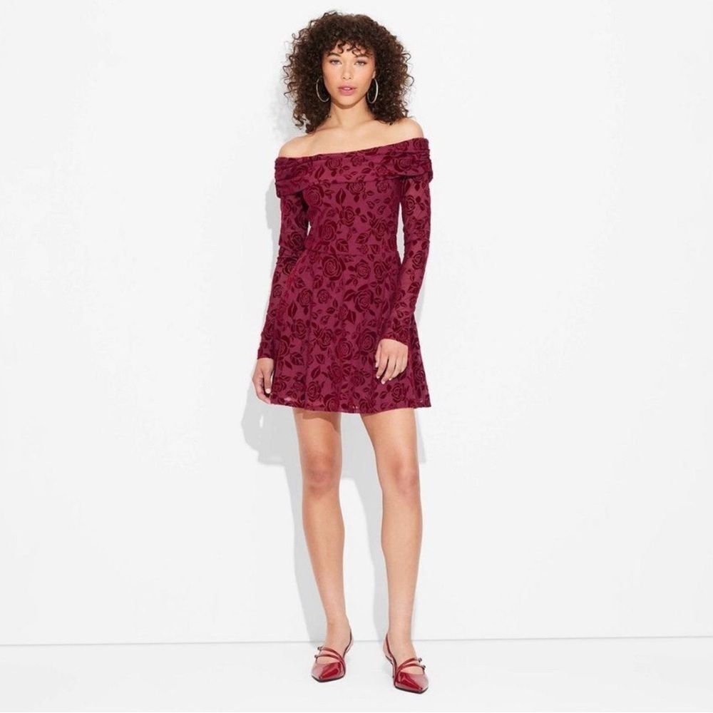 Wild Fable- off the shoulder Burgundy Dress with Floral Design- medium